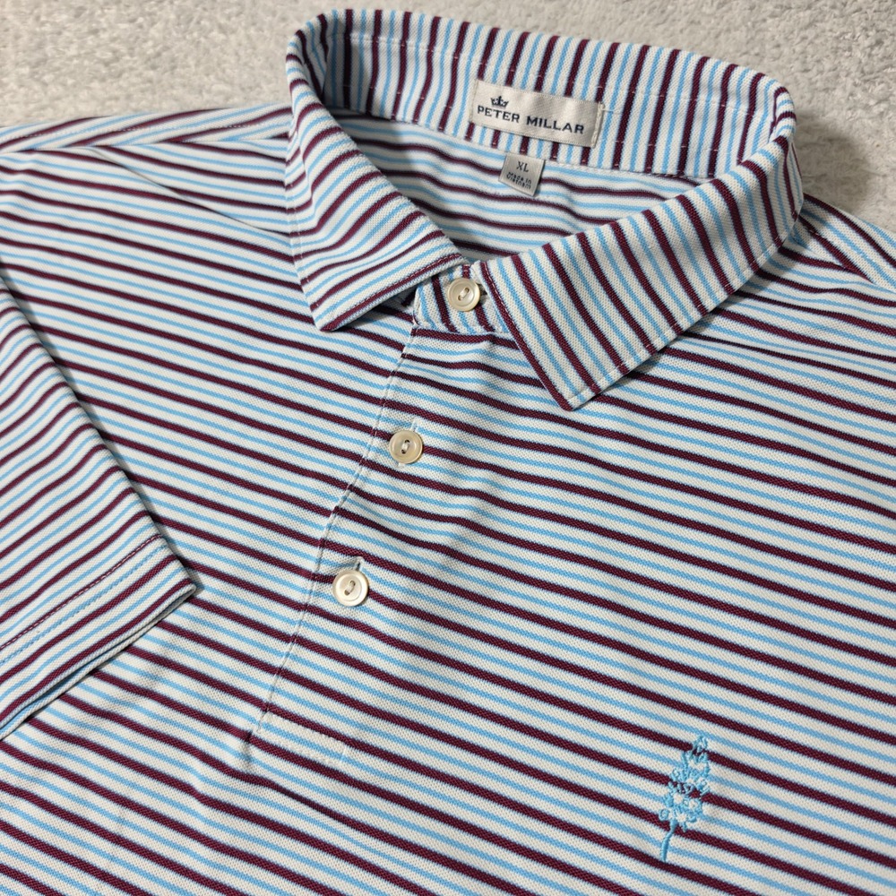 Peter Millar Polo Shirt Mens XL Blue Burgundy Striped Stretchy lightweight